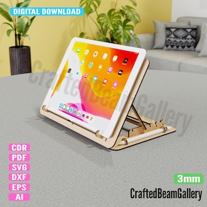 Supporto regolabile per tablet/iPad/tavoletta grafica, tagliato al laser, file vettoriale CNC da 3 mm, pieghevole con portapenne.