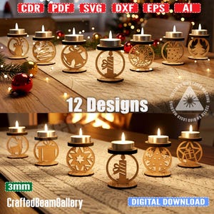 Christmas DIY tea light candle holders pack Svg, dxf, Ai, Crd, Pdf, eps files form | Glowforge| lightburn | 3mm thickness