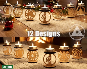 Christmas DIY tea light candle holders pack Svg, dxf, Ai, Crd, Pdf, eps files form | Glowforge| lightburn | 3mm thickness