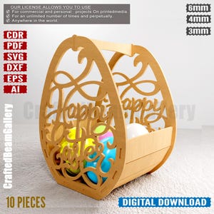 May include: A wooden Easter basket in an egg shape, with the words "Happy Easter" cut out. The basket contains colorful Easter eggs. The image also includes text that says "DIGITAL DOWNLOAD".