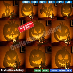 Portacandele ombra di Halloween con faccia di zucca frontale confezione da 10 file Svg, dxf, Ai, Crd, Pdf, eps per Glowforge/lightburn 2 mm 3 mm