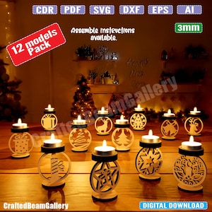 クリスマス DIY ティーライト キャンドル ホルダー パック SVG、DXF、Ai、Crd、Pdf、EPS ファイル形式 | Glowforge | lightburn | 厚さ 3 mm