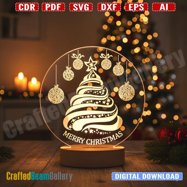 Lampada LED acrilica natalizia SVG / Luce notturna con illusione ottica / File SVG Cdr Dxf Glowforge tagliato al laser