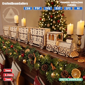 May include: A laser-cut wooden advent calendar train with numbered drawers from 1 to 24. The engine features the text Merry Christmas. Digital file formats CDR, PDF, SVG, DXF, EPS, and AI are available. Material thickness options include 3mm, 3.2mm, and 2mm.