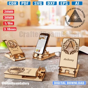 El soporte para teléfono personalizable se puede ajustar para varios ángulos/soporte para iPhone de 2 mm, 3 mm y 3,18 mm (1/8 pulg.) Archivo vectorial CNC cortado con láser.