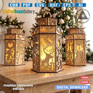 May include: Three hexagonal wooden lanterns with laser-cut Christmas designs including reindeer, Santa Claus, and wreaths. The lanterns feature internal warm lighting and are displayed as a digital download product with file formats CDR, PDF, SVG, DXF, EPS, and AI.