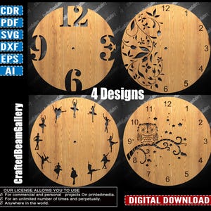 May include: Four wooden clock face designs. One features cut-out numbers, another has floral patterns, a third showcases ballerina silhouettes, and the last displays an owl on a branch. The text "4 Designs" is visible.