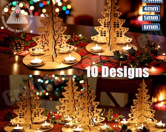 Op de afbeelding: Houten kerstboomkaarsenhouders met ingewikkelde uitgesneden ontwerpen. De bomen hebben een ronde basis met ruimte voor theelichtkaarsen. De afbeelding toont ook de tekst "10 Designs", "DIGITAL DOWNLOAD" en "CraftedBeamGallery".