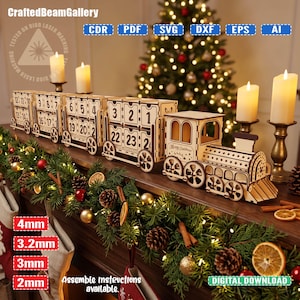 Archivo de corte láser para calendario de adviento navideño con forma de tren / Caja de regalo con cuenta regresiva de 24 días en formato SVG / Plantilla de calendario de adviento de madera / Glowforge CNC