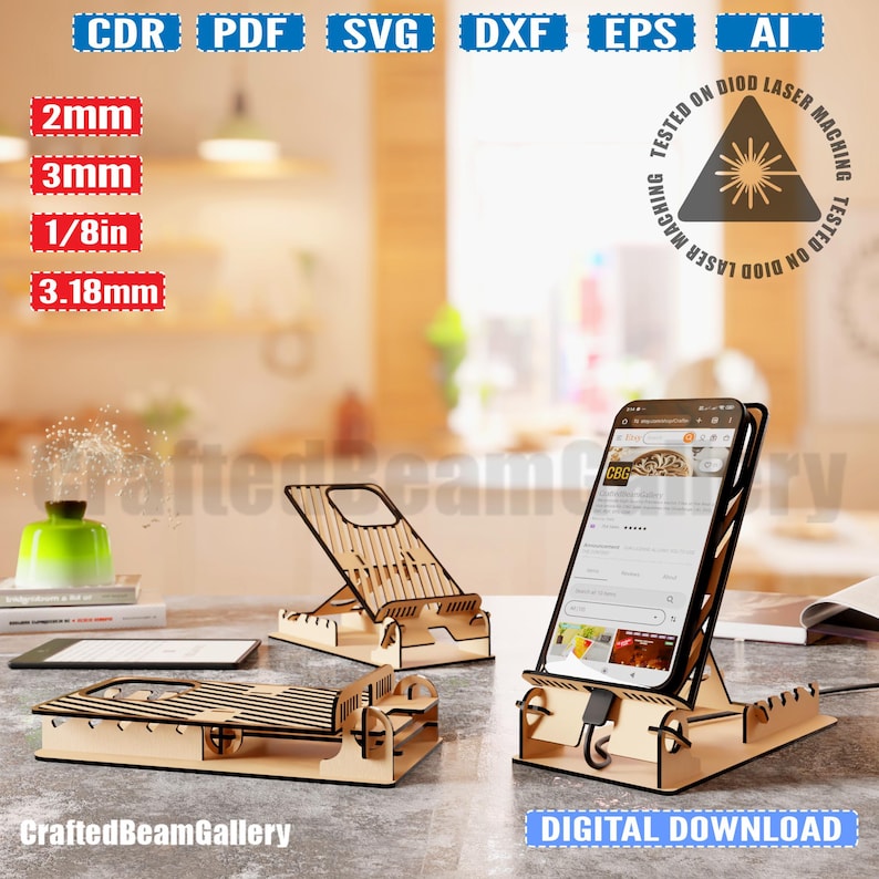 Adjustable phone holder stand/ iPhone stand holder 3mm 3.18mm and 2mm 1/8in vector file for laser cutting CNC