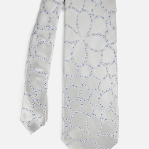 Può includere: Una cravatta grigio chiaro con un motivo floreale ripetuto in blu chiaro. Il motivo è composto da cerchi e punti interconnessi. La cravatta è realizzata in materiale liscio, forse seta. Un accessorio elegante.