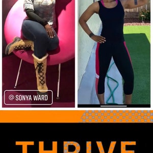 May include: A before and after photo of a person. The first photo shows the person sitting on a pink chair wearing a grey sweater, blue jeans, and brown boots. The second photo shows the person standing outside wearing a black tank top, black leggings with pink accents, and a black baseball cap. The text "@SONYA WARD" is at the bottom of the first photo. The text "THRIVE" is at the bottom of the image.