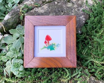 Blackening Waxcap Red Wild Mushrooms miniature watercolour in reclaimed wood frame