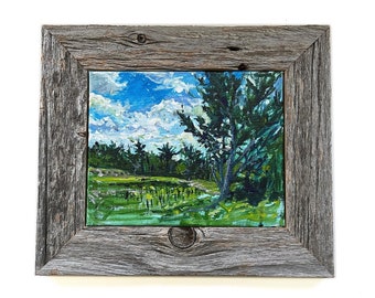 en plein air study of tree at andrews farm, acrylic on canvas, reclaimed wood frame, landscape by Canadian artist Heather Castles