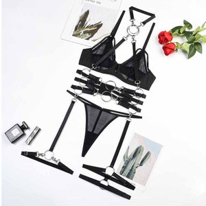 Black mesh see-through lingerie, women&#39;s lingerie set, sexy lingerie, lingerie 5-piece set with steel ring