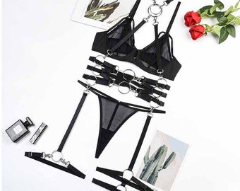 Lencería transparente de malla negra, conjunto de lencería para mujer, lencería sexy, lencería de 5 piezas con aro de acero