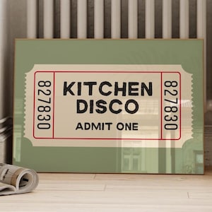 Kitchen Disco Print, Sage Green Kitchen Wall Art, Funny Kitchen Wall Decor, Trendy Retro Ticket Print, Horizontal, Digital Print
