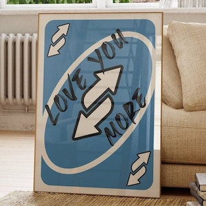 Trendy Love You More-print, blauwe retro muurkunst afdrukbaar, speelkaartposter, trendy muurkunst, preppy muurdecoratie, digitale download