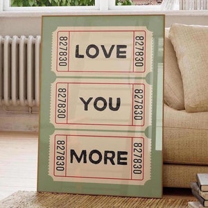 Retro Love Ticket Wall Art Print, Love You More Print, Retro Wall Art, Trendy Love Poster, Sage Green Vintage Ticket Print, Digital Download