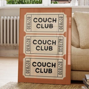 Couch Club Ticket Stub Wall Art, Vintage Ticket Poster, Living Room Print Trendy Home Decor, Housewarming Gifts, Burnt Orange, Digital Print