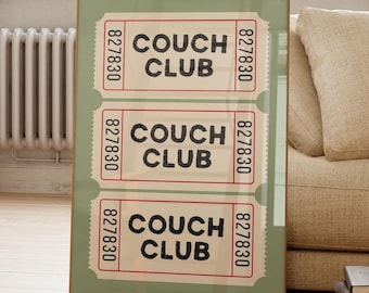 Couch Club Ticket Stub Sage Green Wall Art, Vintage Ticket Poster, Living Room Print, Trendy Home Decor, Housewarming Gifts, Digital Print