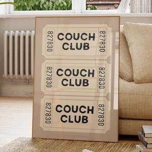 Couch Club Ticket Stub Beige Wall Art Vintage Ticket Poster Living Room Print Neutral Art Trendy Home Decor Housewarming Gifts Digital Print