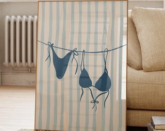 Niebieski nadruk na sznurku do bielizny w bikini, nadmorska sztuka ścienna (wydruk cyfrowy)