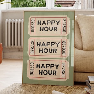 Happy Hour Wall Art Print, retro ticket bar winkelwagen kunst, afdrukbare muur kunst, vintage bar decor keuken muur kunst, appartement decor, digitale print