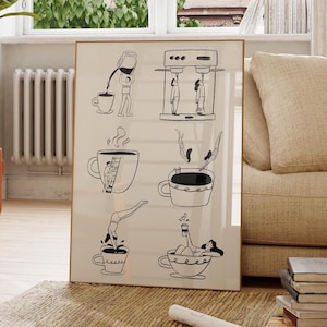 Könnte beinhalten: Eine Schwarzweißillustration von Menschen, die mit Kaffeetassen interagieren. Die Illustration ist gerahmt und hängt an einer Wand.