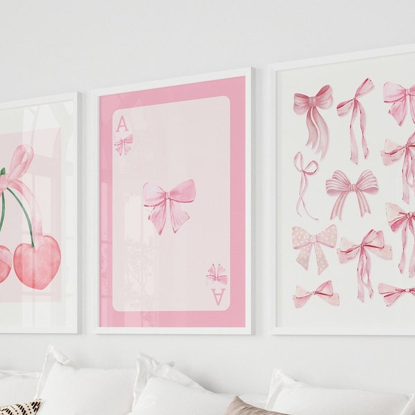 Set di 3 pezzi di arte da parete alla moda con fiocchi rosa, poster preppy, arredamento dell'appartamento universitario, stampa di fiocchi ad acquerello, arredamento della camera Coquette, arte della parete per ragazze