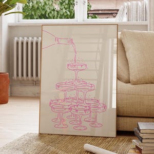 Roze print champagnetoren, schattige handgetekende cocktailmuurkunst, Bart Cart kunst aan de muur, trendy keukenprint, schattig keukendecor, digitale print