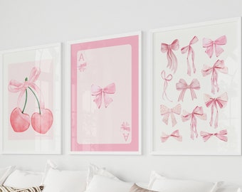 Trendy Pink Bows Wall Art Set van 3, Preppy poster, College Apartment Decor, Aquarel Bows Print, Coquette kamer decor, Girly Wall Art