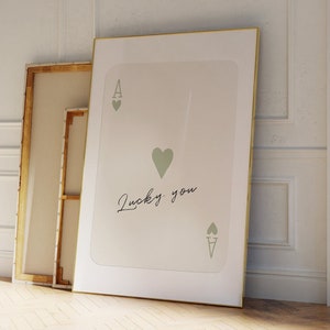 Trendy hartenaas kunst aan de muur, poster Lucky You, retro trendy esthetische print, poster speelkaart, poster saliegroen, digitale print