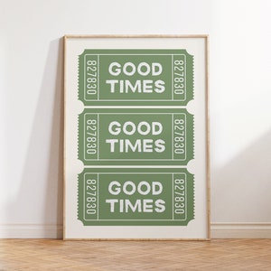 Retro Good Times Sage Green Ticket Wandkunst Druck, Retro trendige ästhetische Raumdekor, Wohnung Dekor, Bar Warenkorb Dekor, digitaler Download