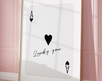 Trendy Ace of Hearts Wall Art Print, Lucky you poster, Retro Trendy Aesthetic Print, Playing Card Poster, College Apartment Decor