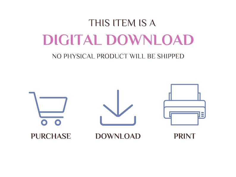 Puede incluir: Un gr&aacute;fico de descarga digital con un carrito de compras, una flecha de descarga y una impresora. El texto dice "Este art&iacute;culo es una descarga digital. No se enviar&aacute; ning&uacute;n producto f&iacute;sico. Comprar, Descargar, Imprimir."