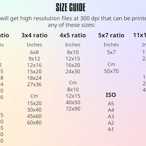 May include: A size guide chart for digital prints, showing different aspect ratios and corresponding measurements in inches and centimeters. The chart includes standard paper sizes like A5, A4, A3, A2, and A1.