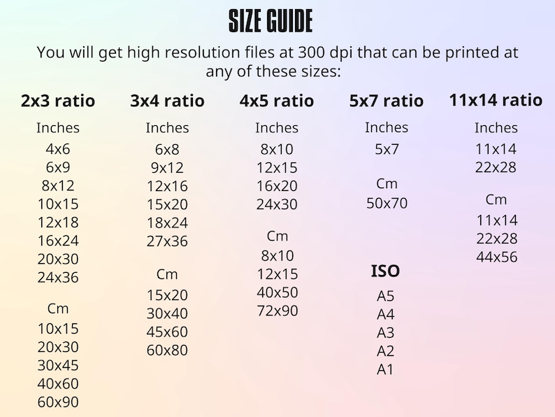 May include: A size guide chart for digital prints, showing different aspect ratios and corresponding measurements in inches and centimeters. The chart includes standard paper sizes like A5, A4, A3, A2, and A1.