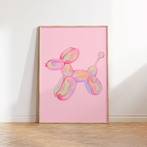 May include: A pink balloon animal shaped like a dog with iridescent colors. The balloon animal is on a pink background.