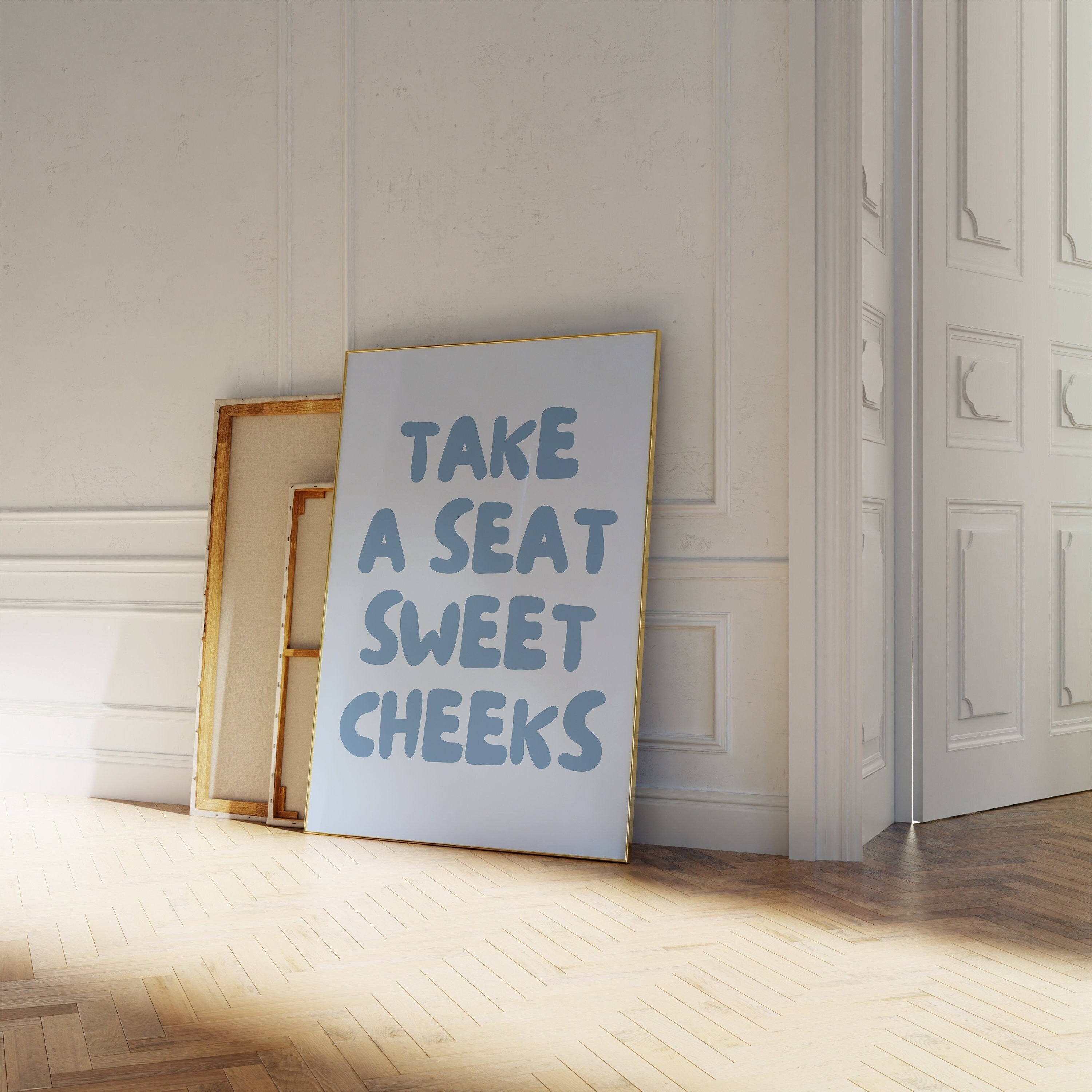 Take A Seat Sweet Cheeks Blue Print, Funny Bathroom Wall Art Poster, Retro Print, Aesthetic Poster, Trendy Cute Home Decor, Digital Download