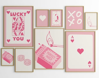 Conjunto de arte de pared retro de moda de 9, impresión rosa estética de moda retro, cartel de Lucky You, arte de pared de moda, arte divertido, minimalista, arte digital
