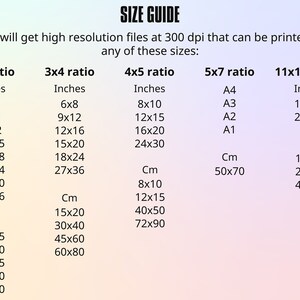 May include: A size guide for digital prints, showing different aspect ratios and corresponding sizes in inches and centimeters. The guide includes standard paper sizes like A4, A3, A2, and A1.