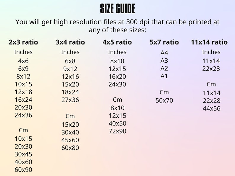 May include: A size guide for digital prints, showing different aspect ratios and corresponding sizes in inches and centimeters. The guide includes standard paper sizes like A4, A3, A2, and A1.