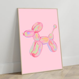 May include: A pink balloon animal shaped like a dog with iridescent colors. The balloon animal is on a pink background.