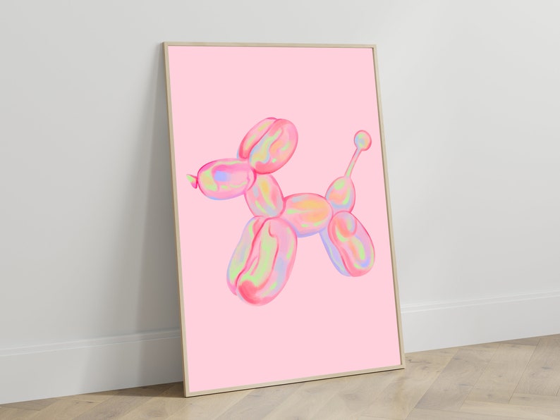 May include: A pink balloon animal shaped like a dog with iridescent colors. The balloon animal is on a pink background.