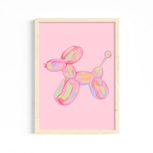 May include: A framed print of a pink, iridescent balloon animal shaped like a dog. The balloon animal is on a pink background.
