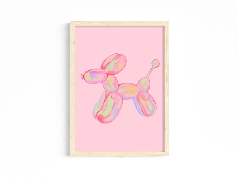 May include: A framed print of a pink, iridescent balloon animal shaped like a dog. The balloon animal is on a pink background.