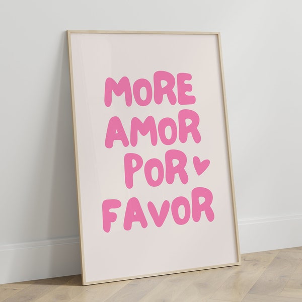 Trendy More Amor Por Favor Wall Art, Preppy poster, College Apartment Decor, Love Quote Print, Coquette room decor, Girly Wall Art