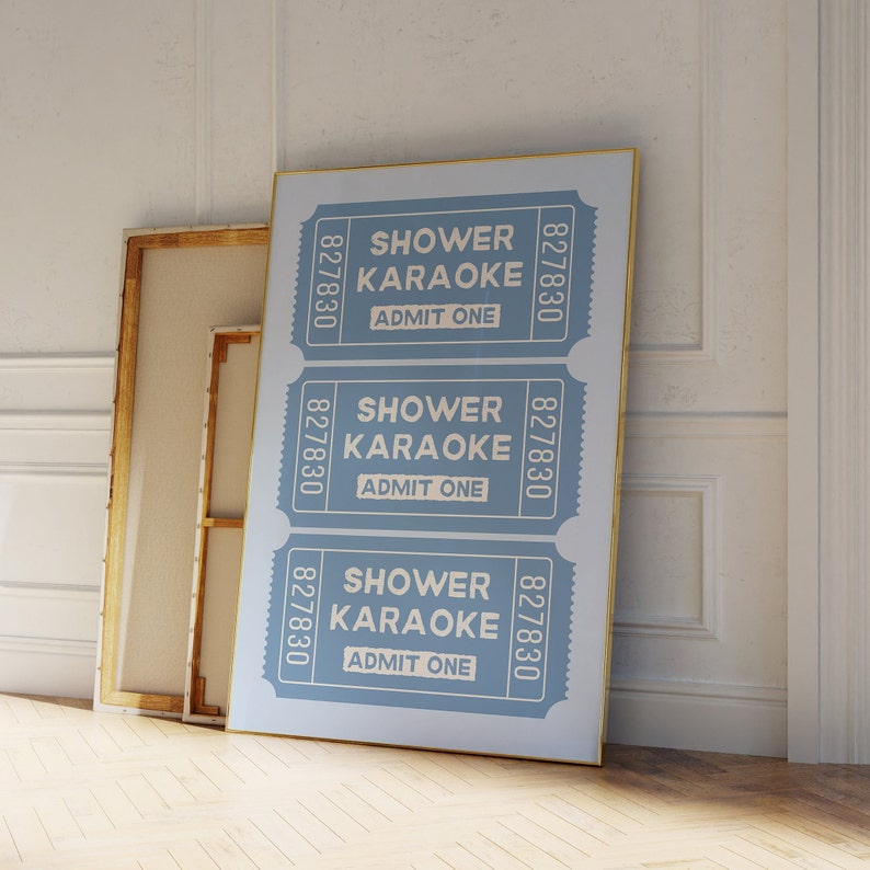 Shower Karaoke Ticket Blue Print, Bathroom Aesthetic Poster, Retro ...
