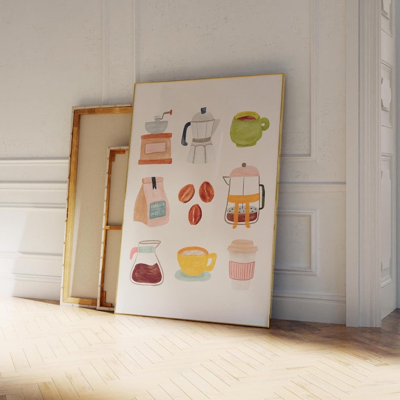 May include: A watercolor illustration of coffee making supplies, including a coffee grinder, a coffee pot, a french press, a bag of vanilla coffee, coffee beans, a pitcher of coffee, a cup of coffee, and a to-go coffee cup.